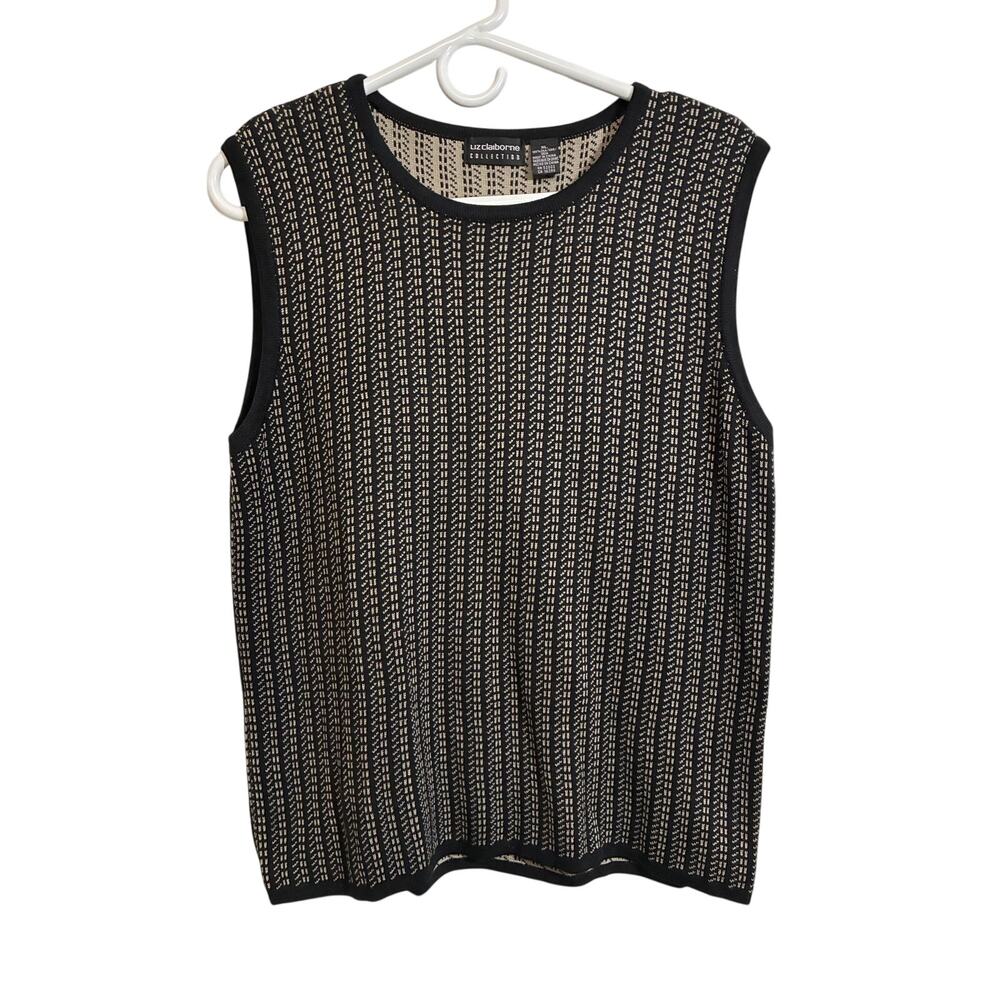 Liz Claiborne Collection XL 100 Silk Sleeveless Knit Shell Black Beige Top Luxe